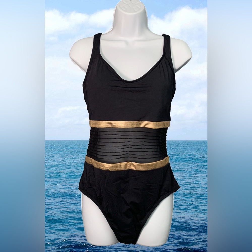 Bleu Rod Beattie NWT Don't Mesh W Me
Blk/Rose Gld 1-Piece Swimsuit, Size 14 NWT